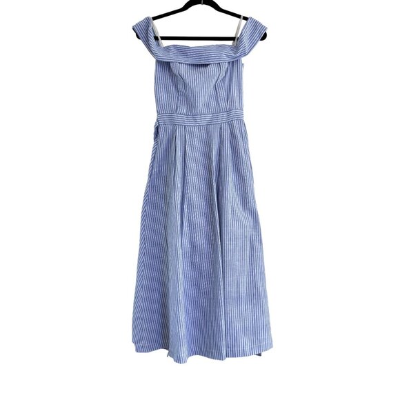 JOA Dresses & Skirts - JOA Women's Striped Blue & White Poplin Off-the-Shoulder Midi Dress Size S